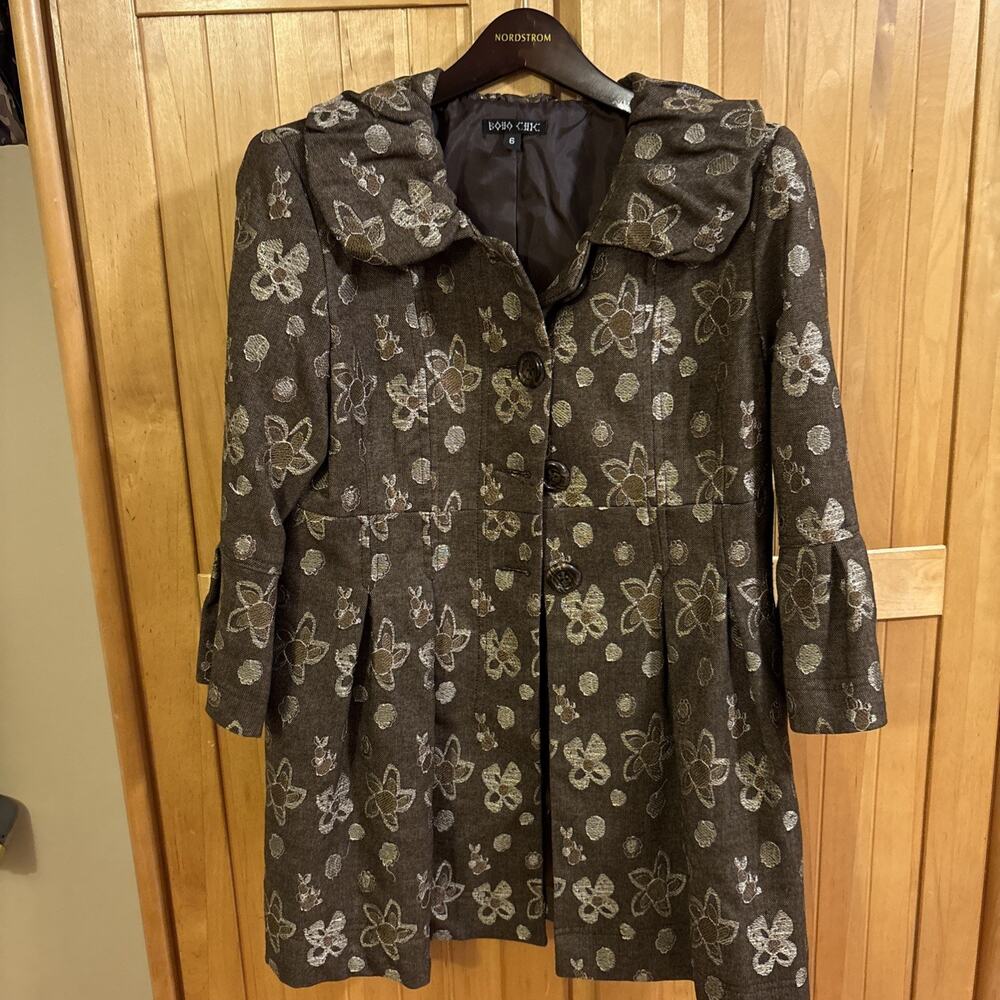 Vtg BOHO CHIC Brown Multi Color Embroidered Floral Jacquard Jacket Coat 6